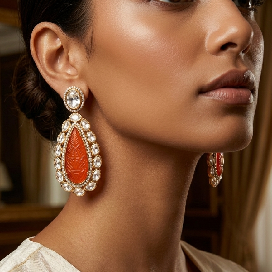 Gold-toned earrings with carved orange center stones