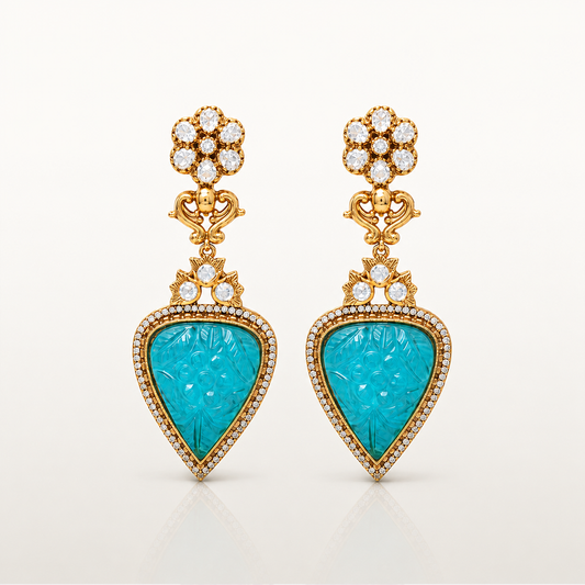 Turquoise carved gemstone drop earrings with white stones
