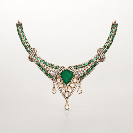 Green gemstone necklace set with matching statement earrings