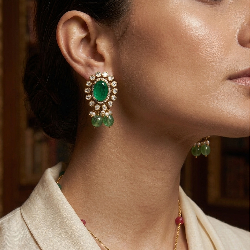 Traditional green gemstone earrings with dangling green beads