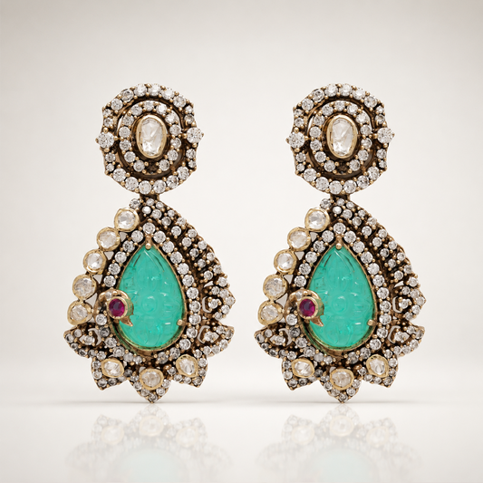 AUTAARA Neeraja heritage earrings with aqua-green centre stones and white detailing