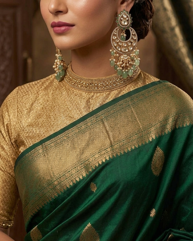 Gold-plated 925 silver crescent kundan jhumka earrings with lotus motifs, green gemstone beads, pearls, and zircon accents for festive and wedding wear