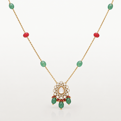 Elegant gold-toned necklace with colourful beads and dangling pendant