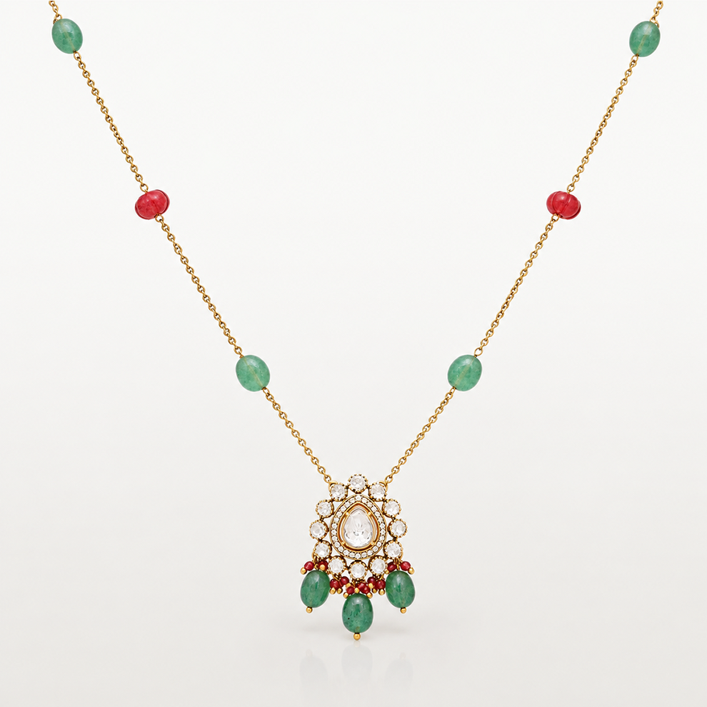 Elegant gold-toned necklace with colourful beads and dangling pendant