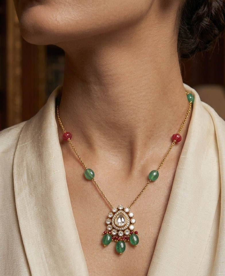 Gold-toned beaded pendant necklace with green and red beads