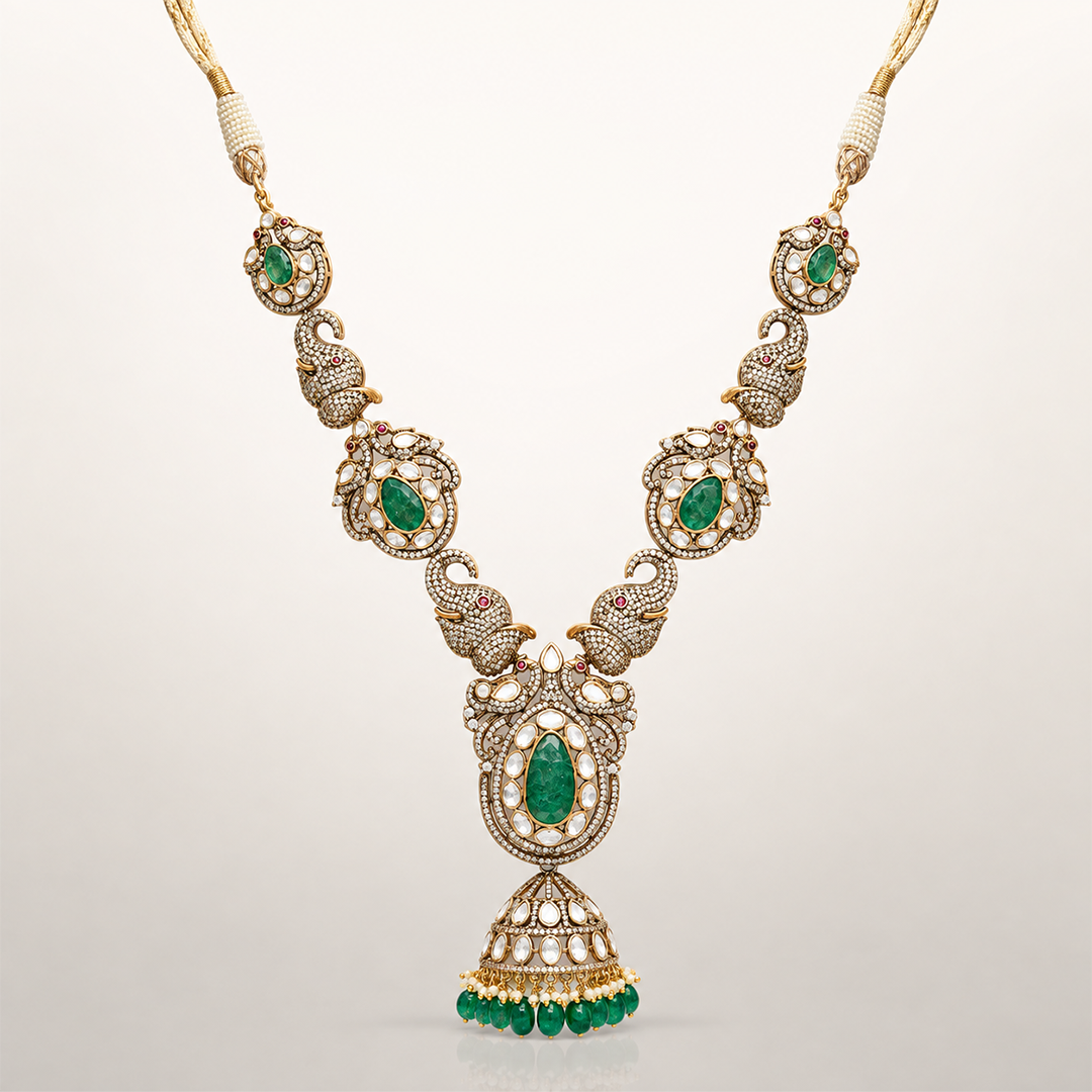 Aaranyika green coloured stone necklace with peacock-inspired pendant and pearl detailing