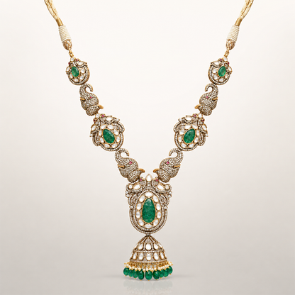 Aaranyika green coloured stone necklace with peacock-inspired pendant and pearl detailing