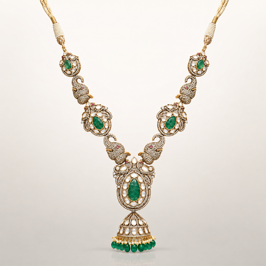 Aaranyika green coloured stone necklace with peacock-inspired pendant and pearl detailing