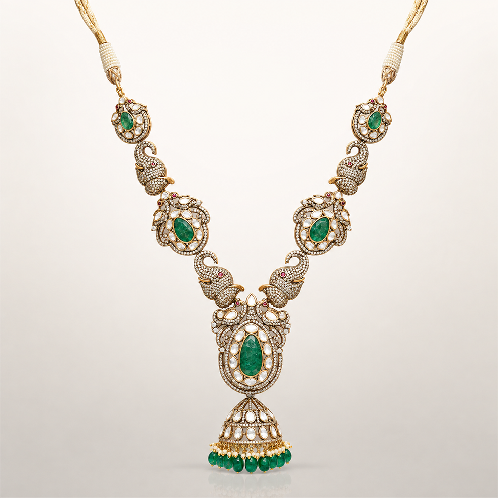 Aaranyika green coloured stone necklace with peacock-inspired pendant and pearl detailing