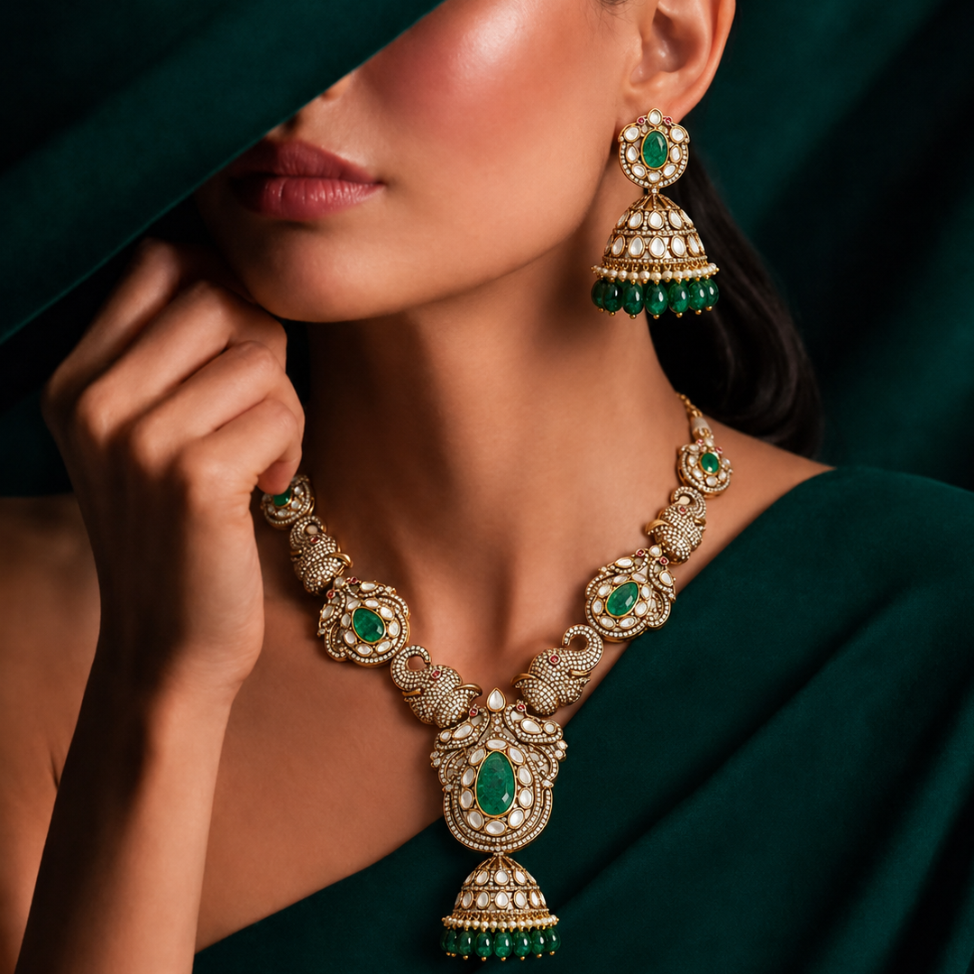 Green coloured stone necklace with peacock-inspired detailing