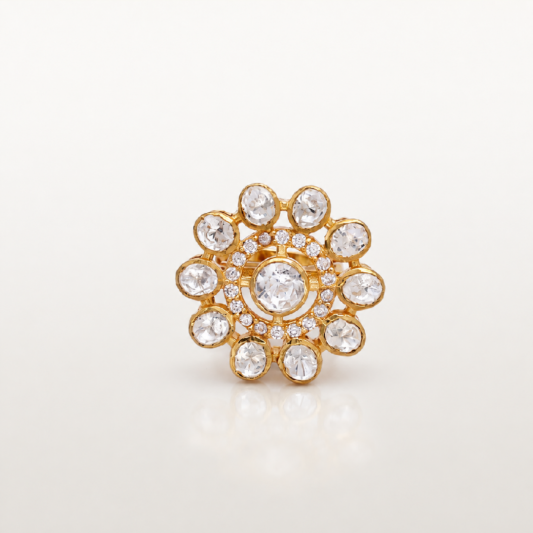 Gold-plated silver floral ring with white stones