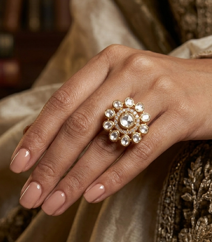 Round floral statement ring with white stones and gold detailing