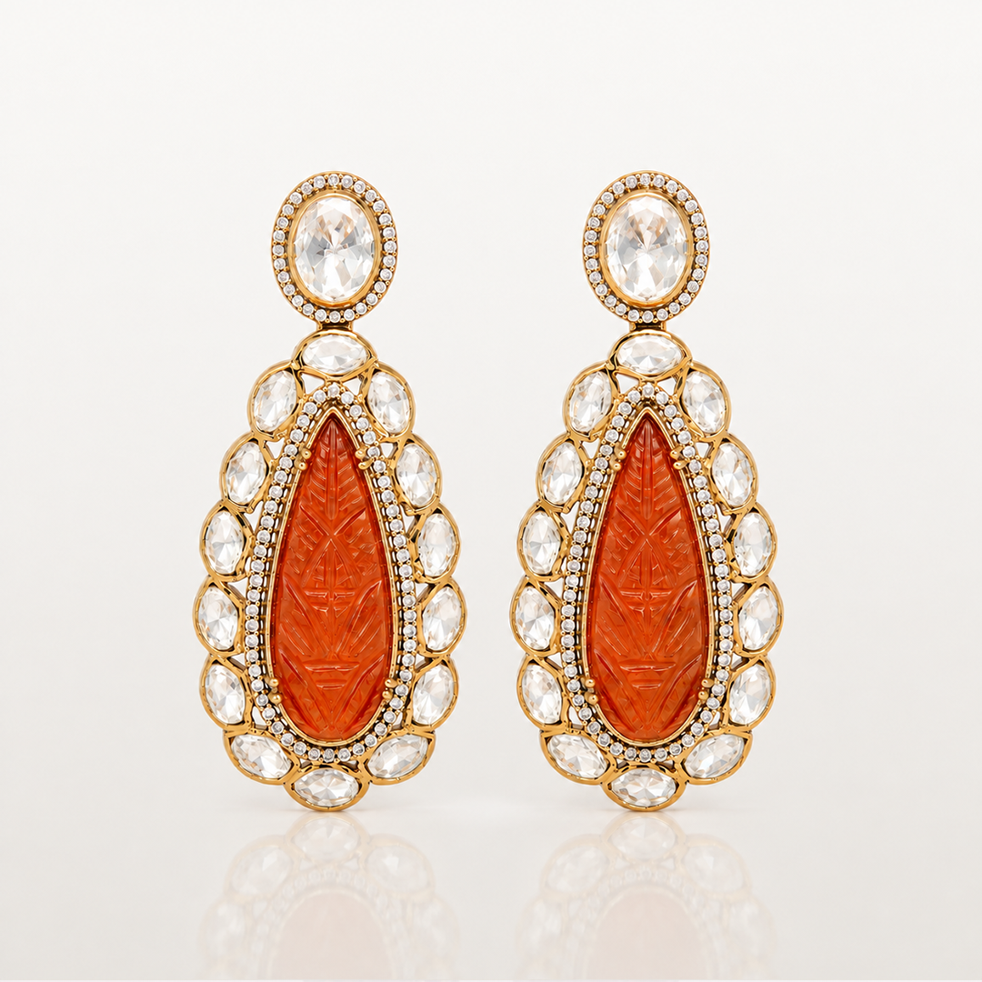 Orange gemstone statement earrings with white stone detailing