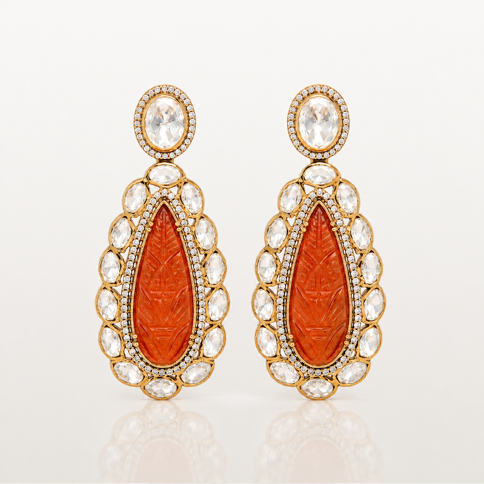 Orange gemstone statement earrings with white stone detailing