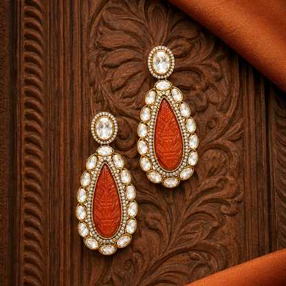 Traditional orange gemstone drop earrings with sparkling stones