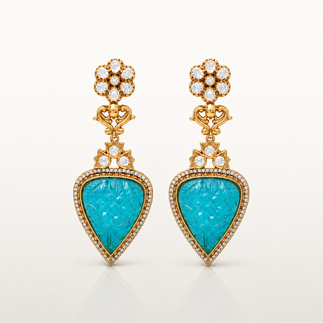 Turquoise carved gemstone drop earrings with white stones
