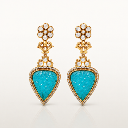 Turquoise carved gemstone drop earrings with white stones