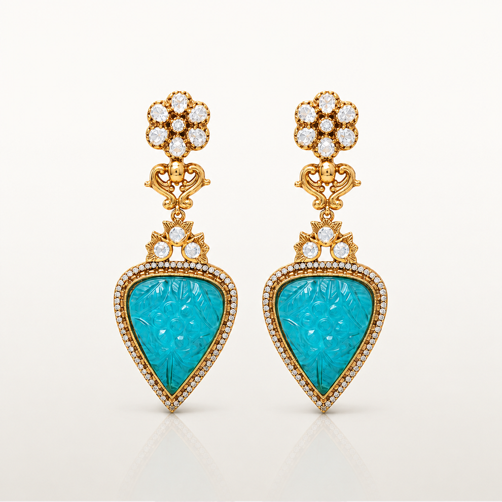 Turquoise carved gemstone drop earrings with white stones
