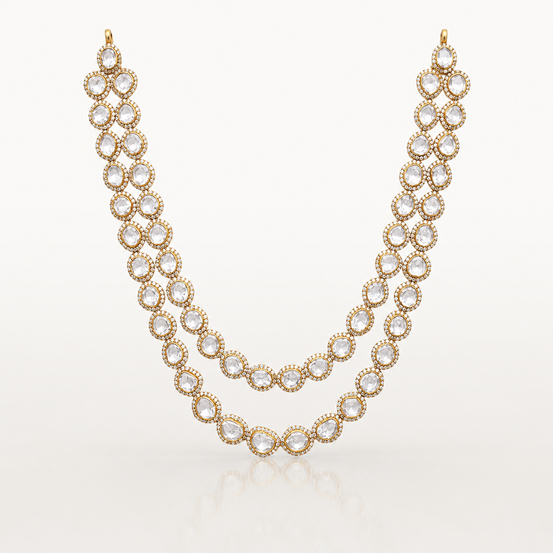 Gold-toned double-layer necklace with oval clear stones