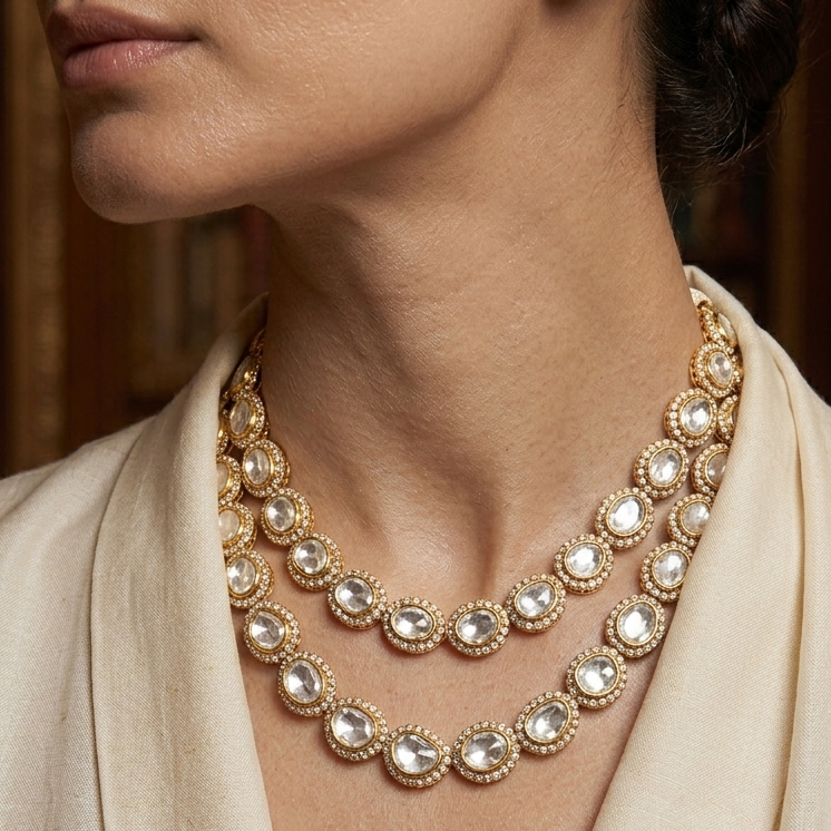 Elegant layered necklace featuring clear stones and gold detailing