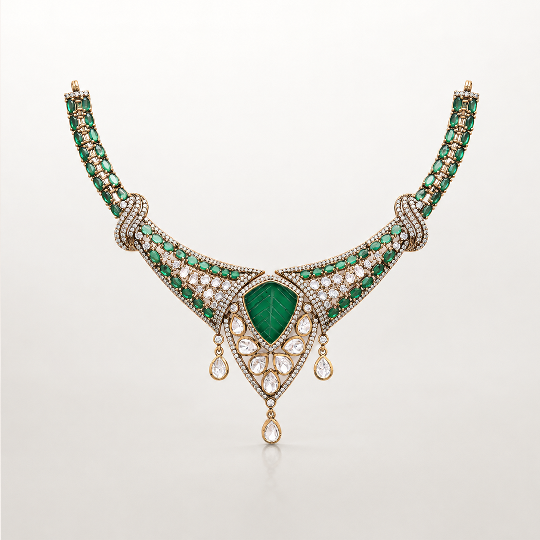 Green gemstone necklace set with matching statement earrings