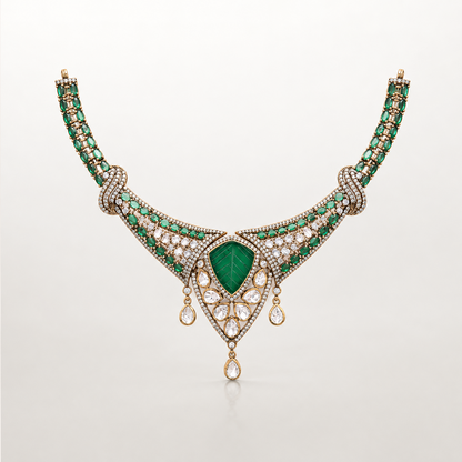 Green gemstone necklace set with matching statement earrings