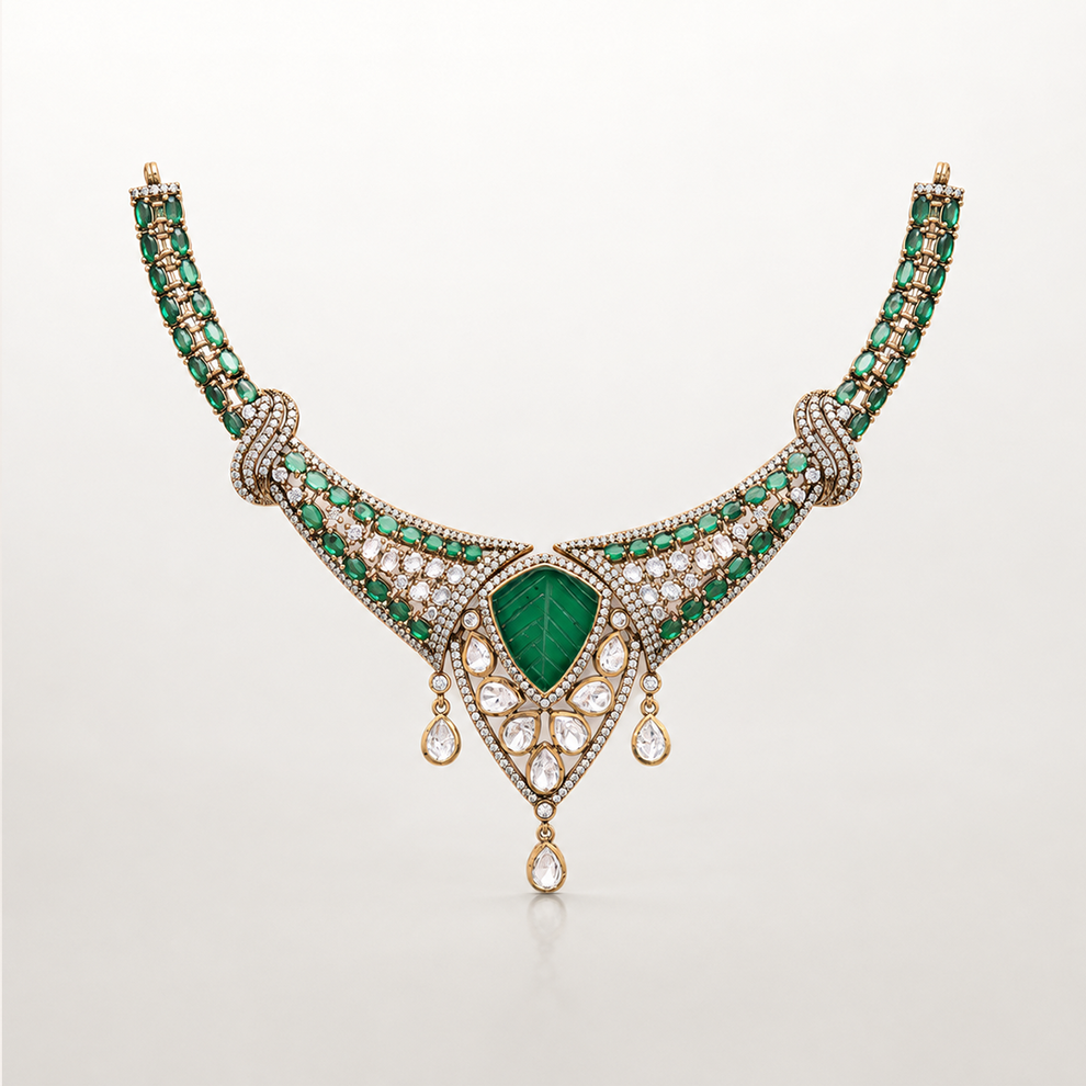 Green gemstone necklace set with matching statement earrings