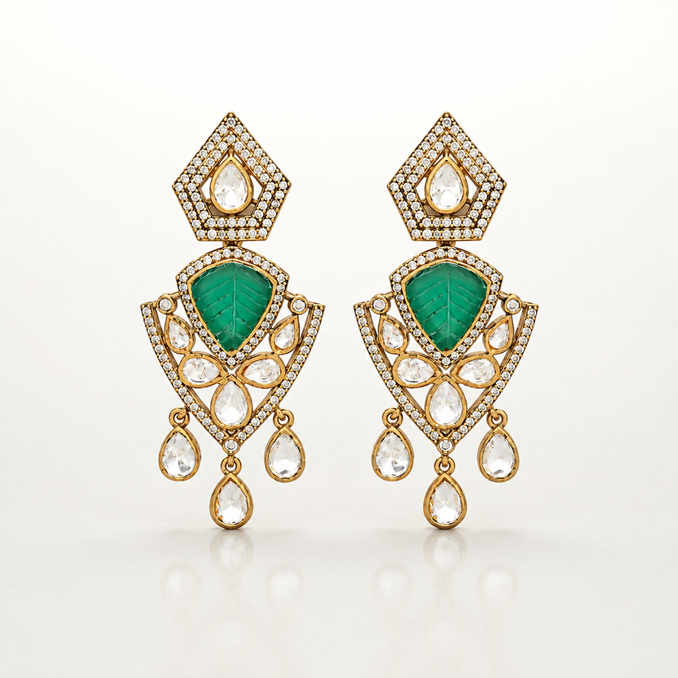 Gold-toned necklace with green gemstones and white stone detailing