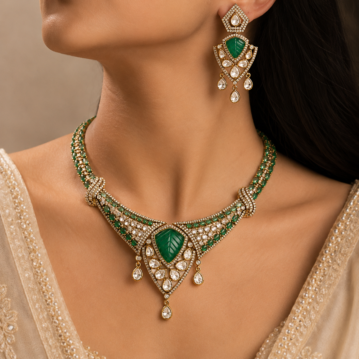 Traditional green gemstone necklace and earrings set