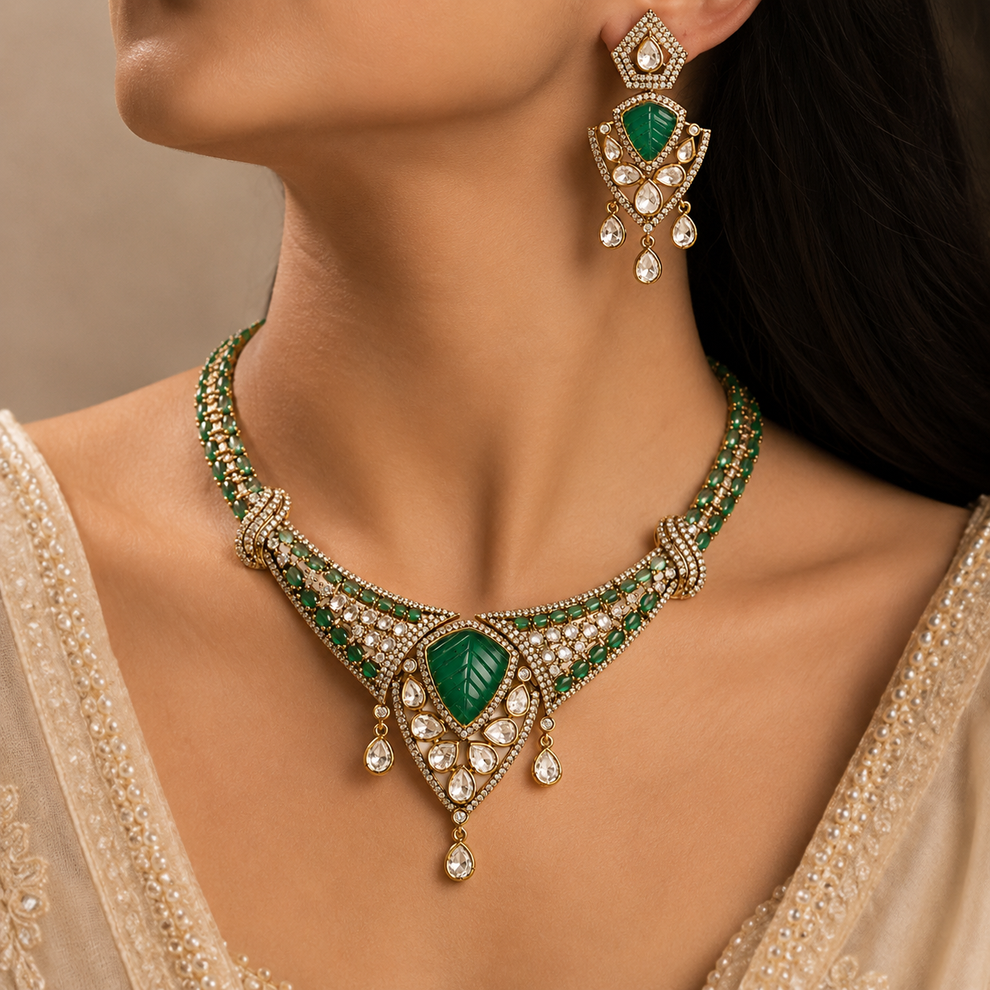 Traditional green gemstone necklace and earrings set