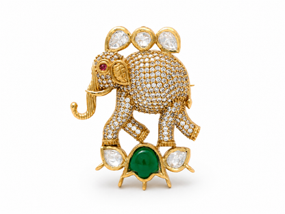 Gajendra elephant brooch with white and colored stones in gold finish