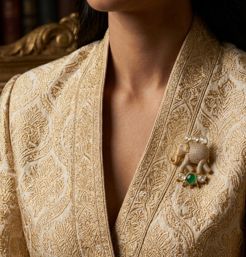 Gold finish elephant statement brooch with white and colored stone detailing