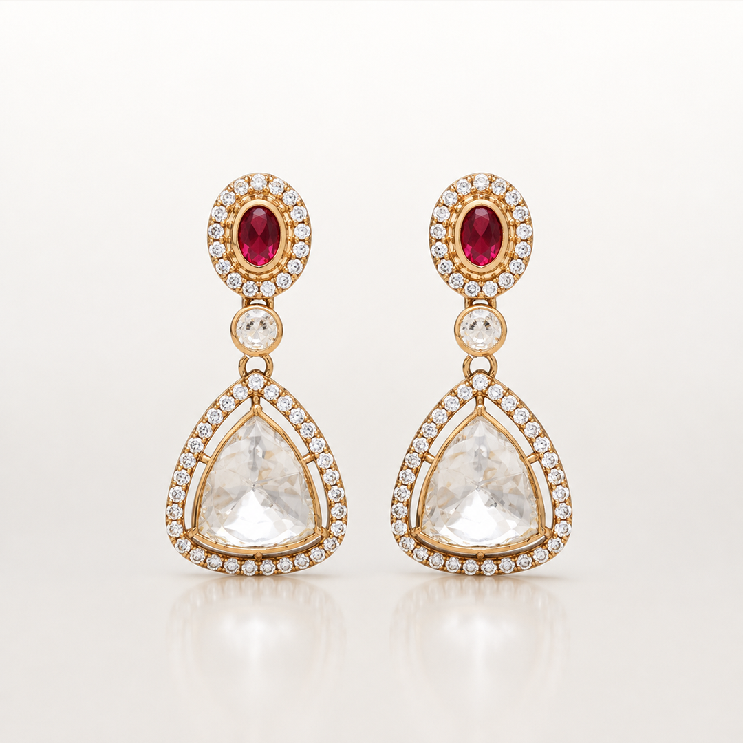 Ruby red and white stone statement earrings with gold-toned detailing