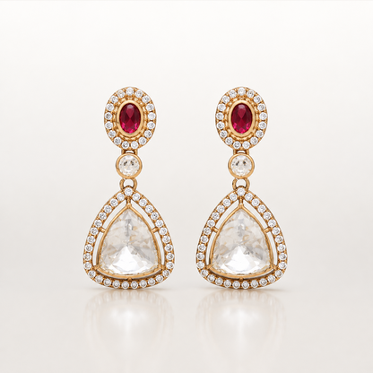 Ruby red and white stone statement earrings with gold-toned detailing