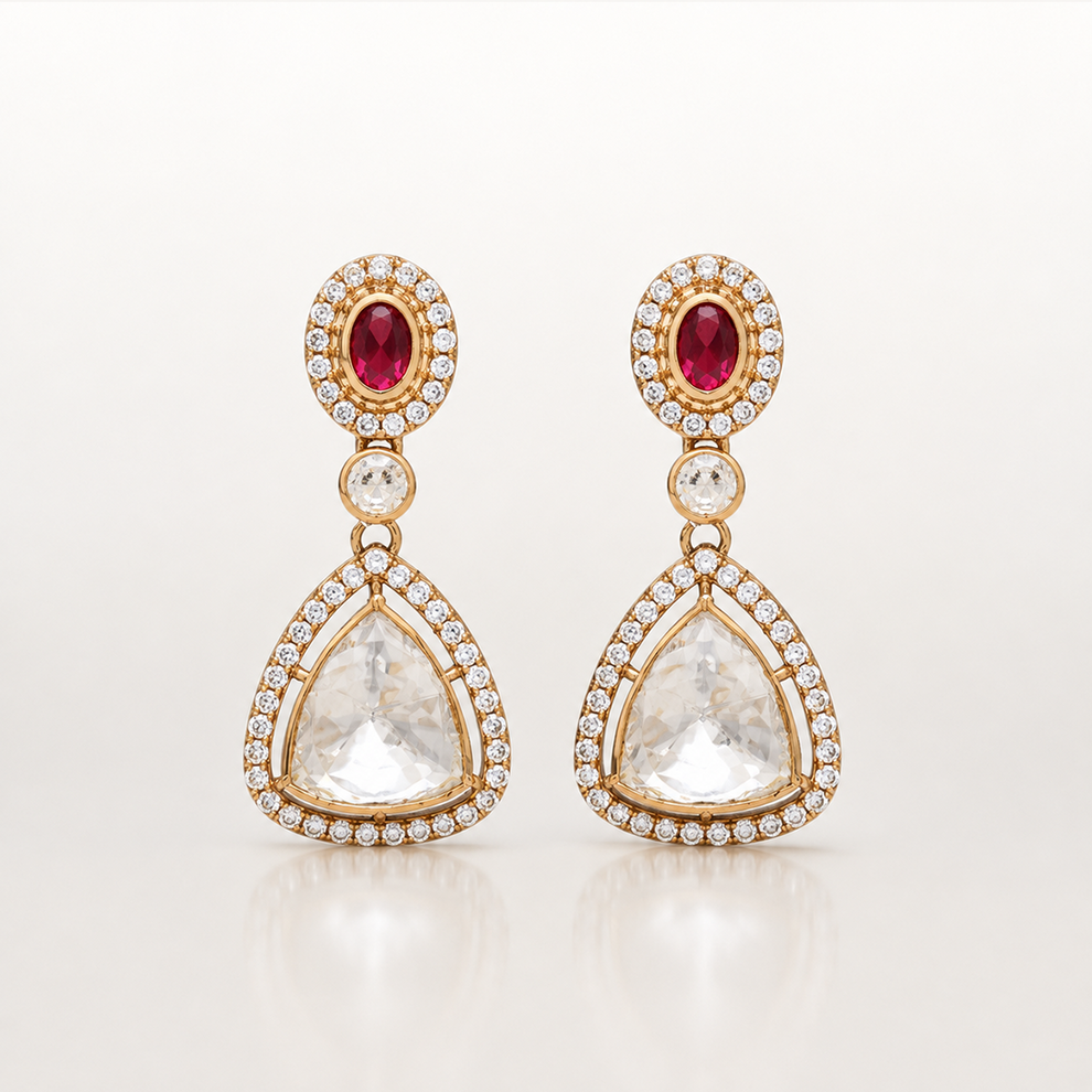 Ruby red and white stone statement earrings with gold-toned detailing