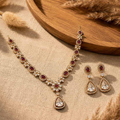 Ruby red floral necklace pendant with white stone detailing