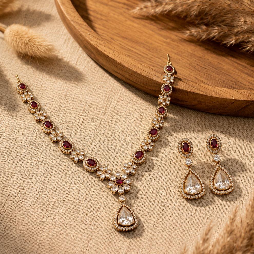 Ruby red floral necklace pendant with white stone detailing