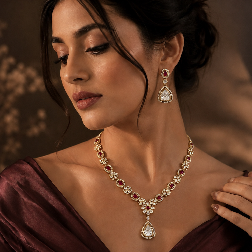 Ruby heritage necklace set with matching earrings and white stone accents