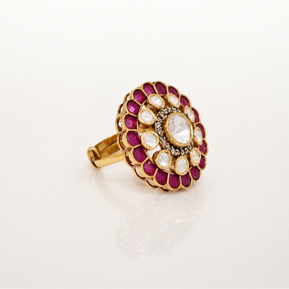 Gulrukh statement ring with pink coloured stones and gold-toned floral detailing