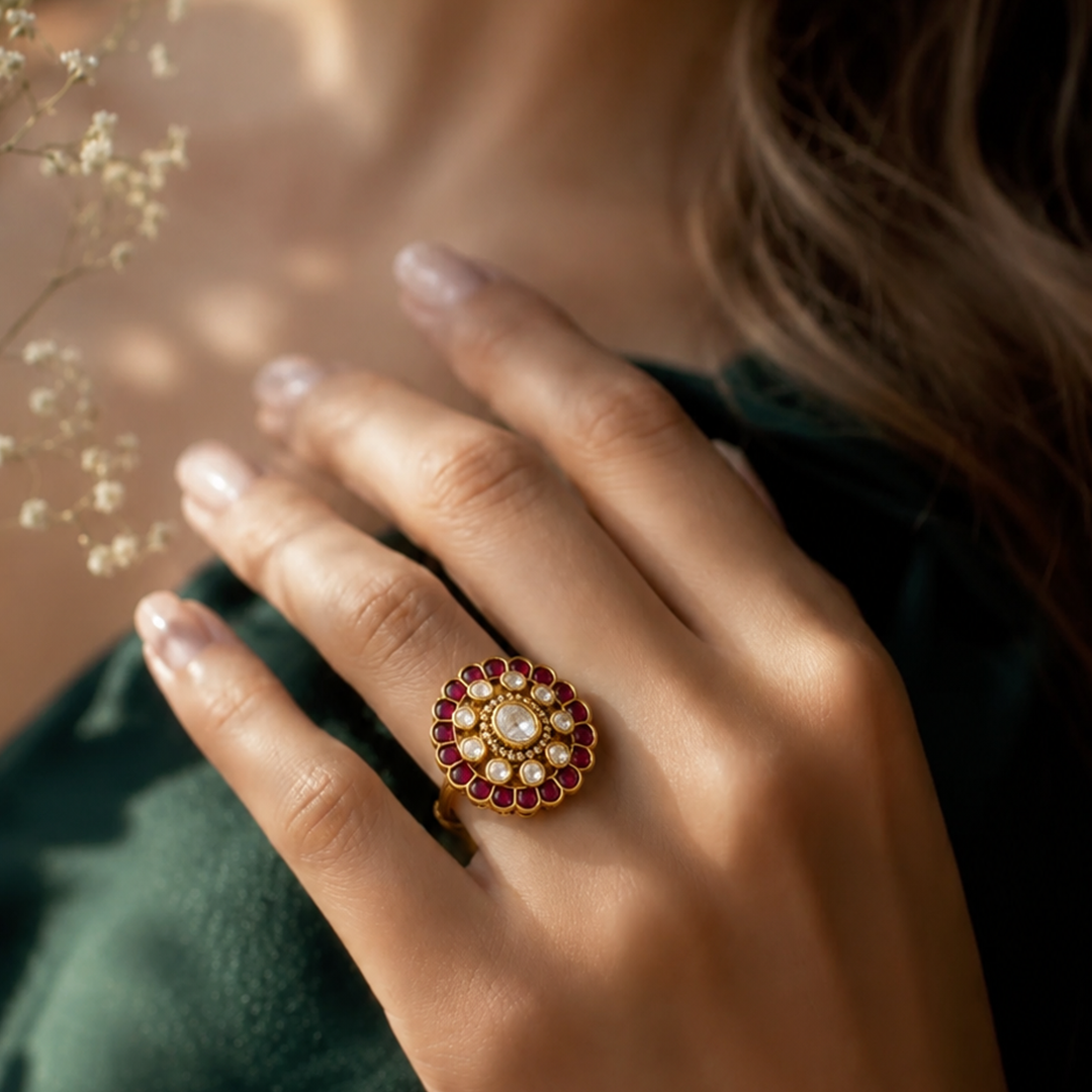 Pink coloured stone statement ring by AUTAARA