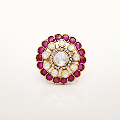 Gulrukh pink coloured stone ring with white centre stone and floral design