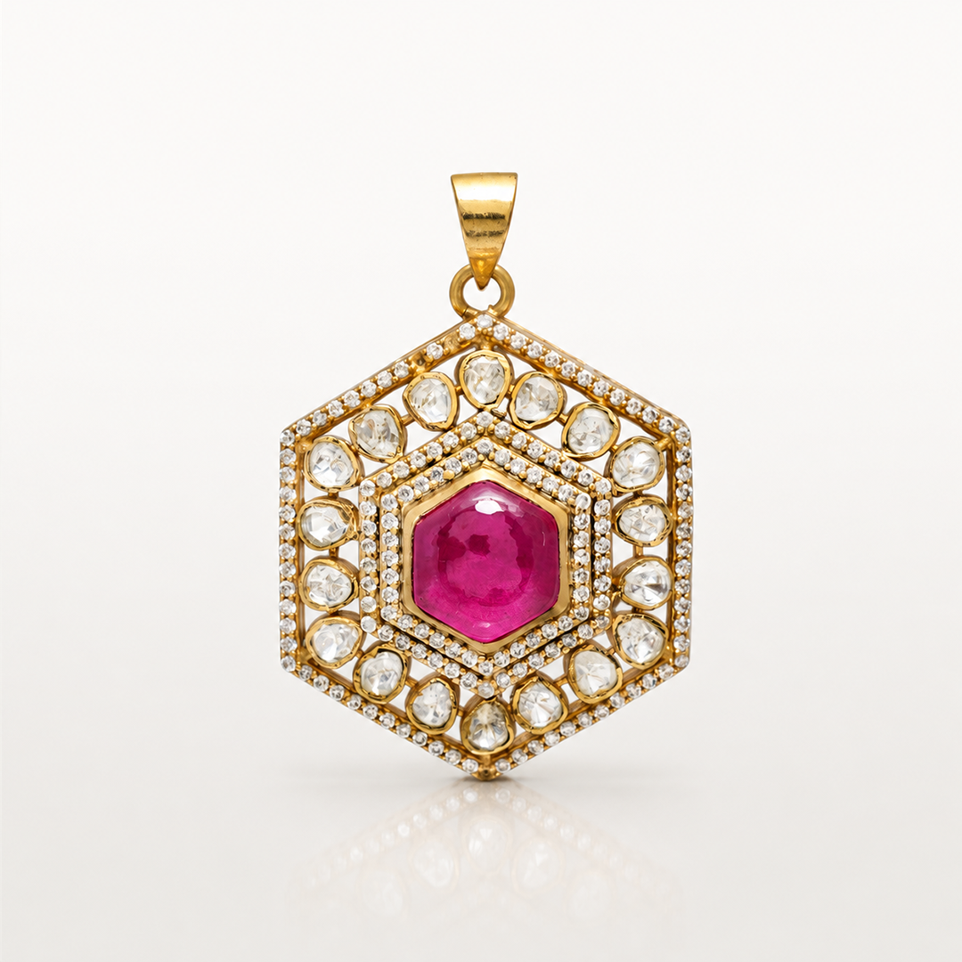 AUTAARA Gulzar hexagon pendant with pink centre stone and white stones