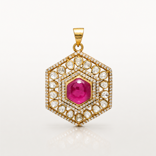 AUTAARA Gulzar hexagon pendant with pink centre stone and white stones