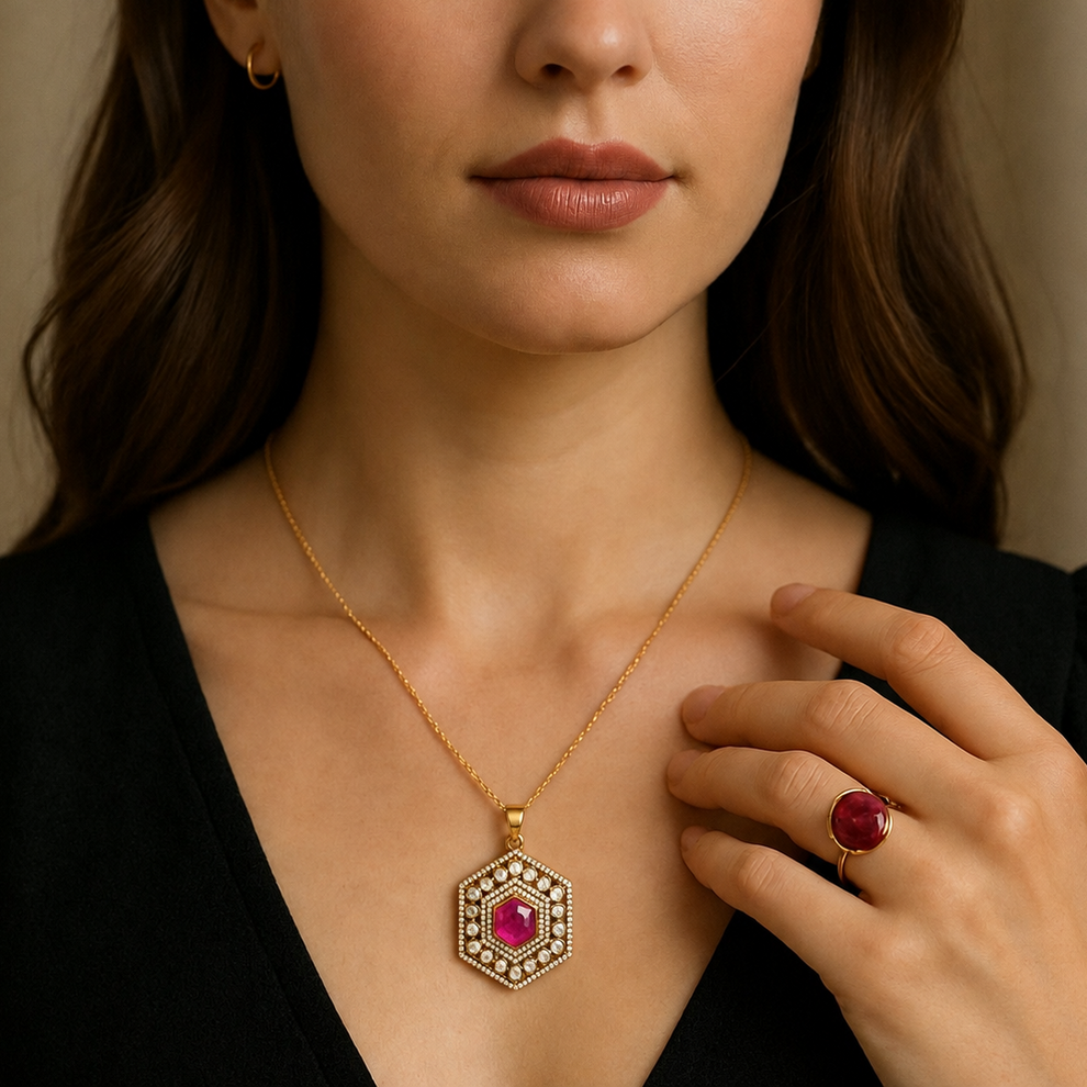 Gold-toned statement pendant with pink and white stones in hexagonal design
