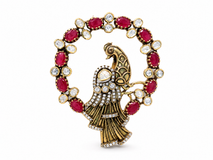 Gold-plated 925 sterling silver peacock brooch with ruby-inspired stones, Polki detailing and zircon accents in a traditional unisex royal design.