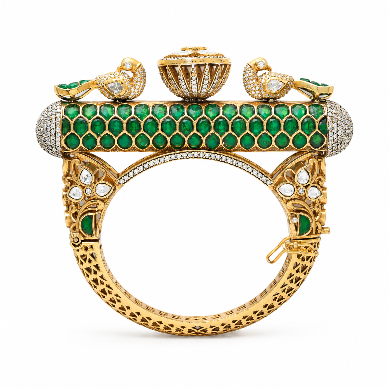 Gold plated 925 silver Mayur Rajsi kada with emerald green stones, Polki detailing, peacock motifs, and intricate handcrafted heritage design.