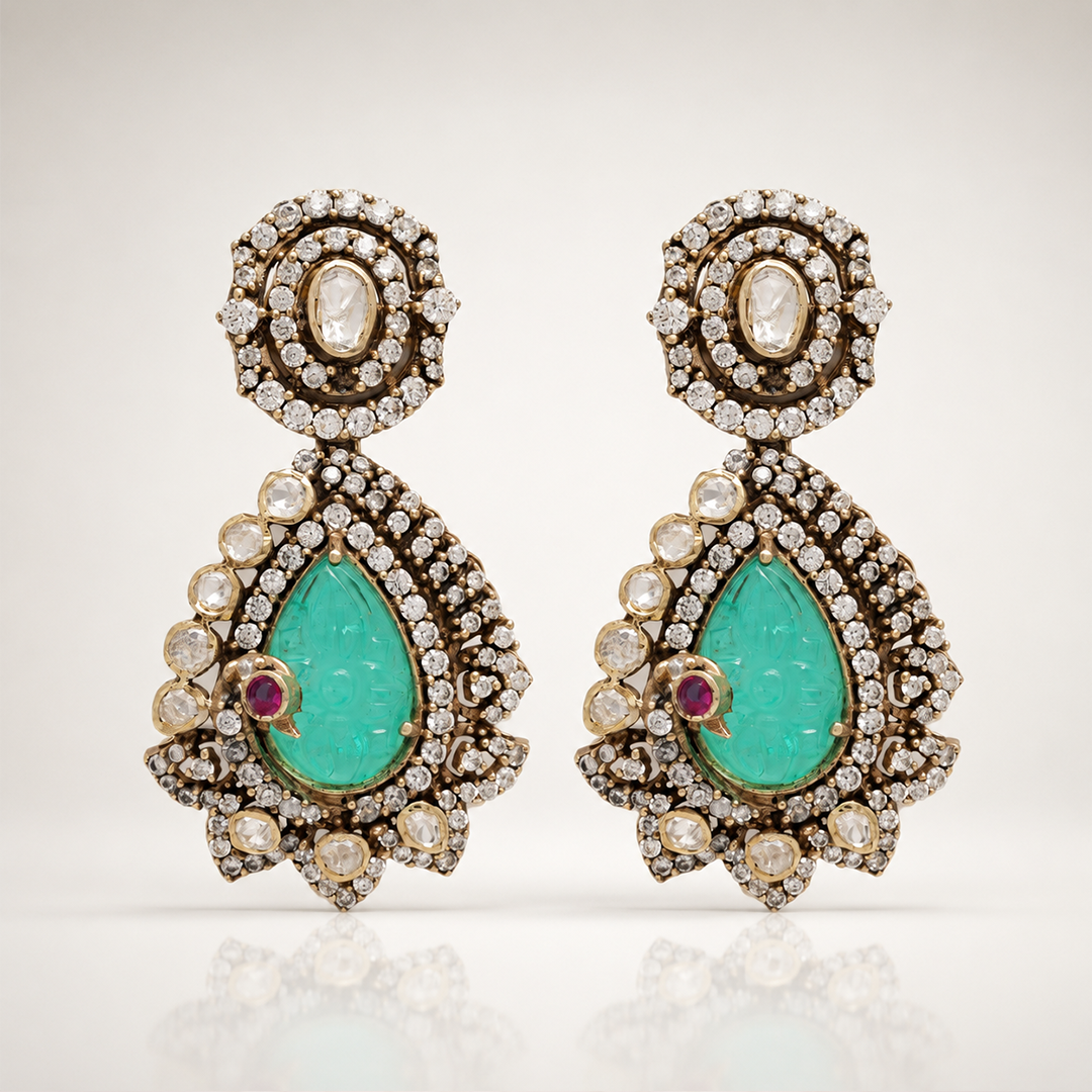 AUTAARA Neeraja heritage earrings with aqua-green centre stones and white detailing