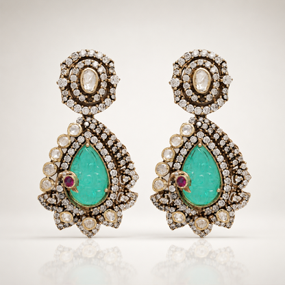 AUTAARA Neeraja heritage earrings with aqua-green centre stones and white detailing