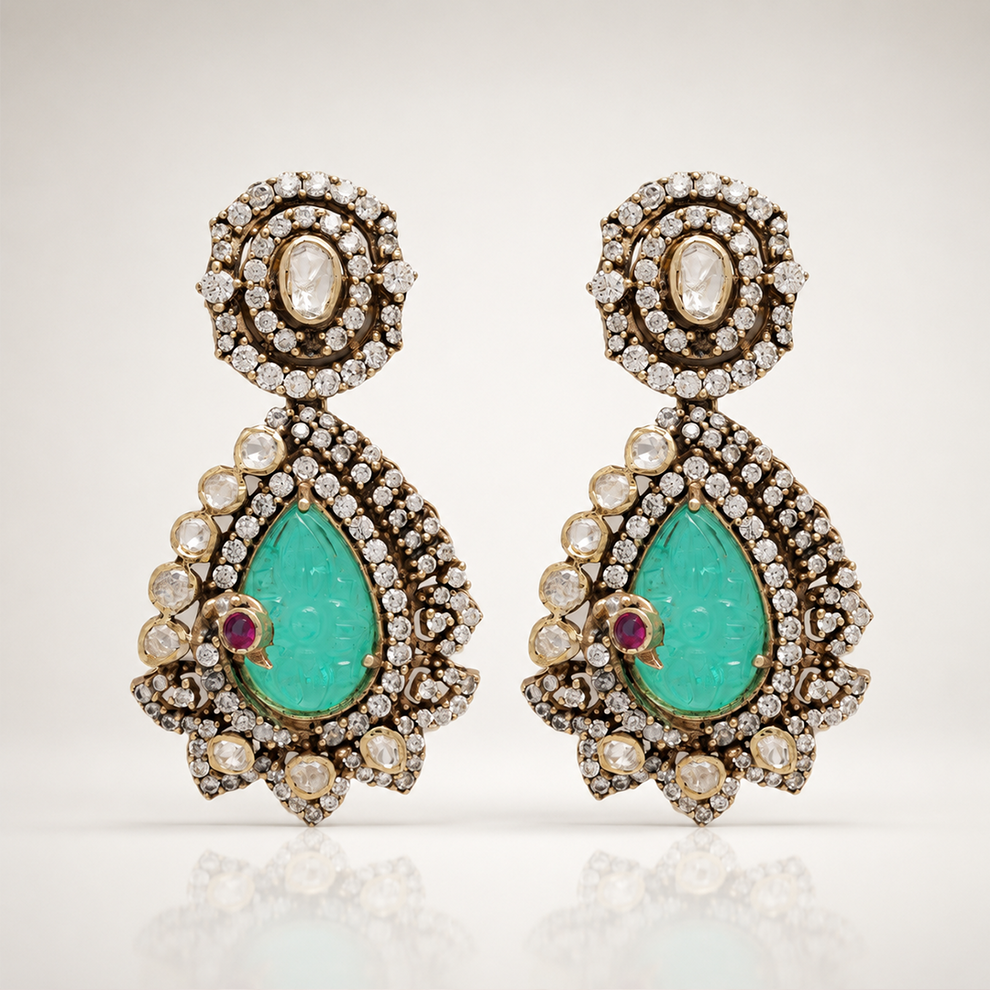 AUTAARA Neeraja heritage earrings with aqua-green centre stones and white detailing