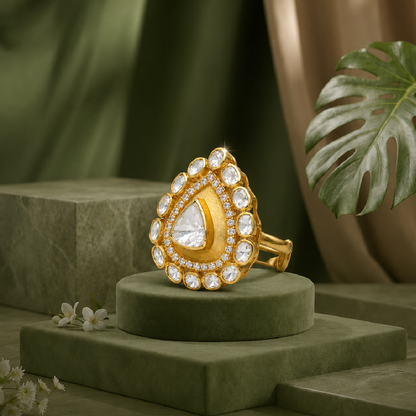 Noor-e-Dil heritage ring showing layered white stones and gold-toned detailing